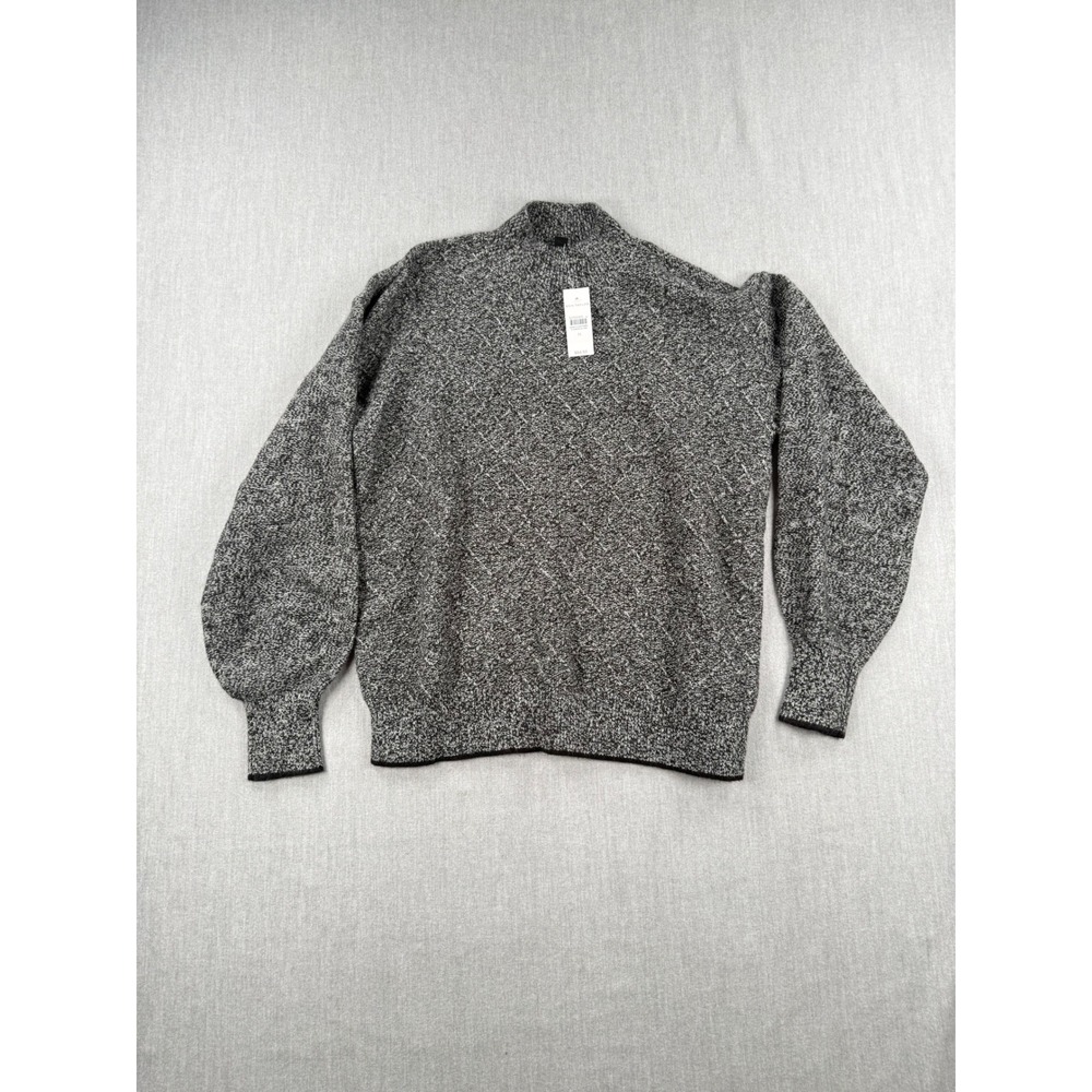 Ann Taylor Womens Black White Marled Diamond Knit Mock Neck Puff Sleeve Sweater